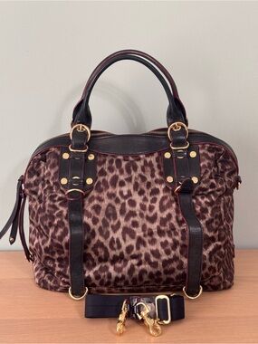 MZ Wallace satin leather cheetah satchel handbag with pouch & crossbody strap